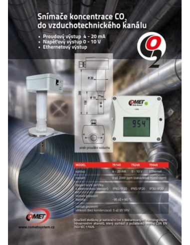 Transmetteur de concentration de CO2 avec sortie 0-10 V, montage en conduit